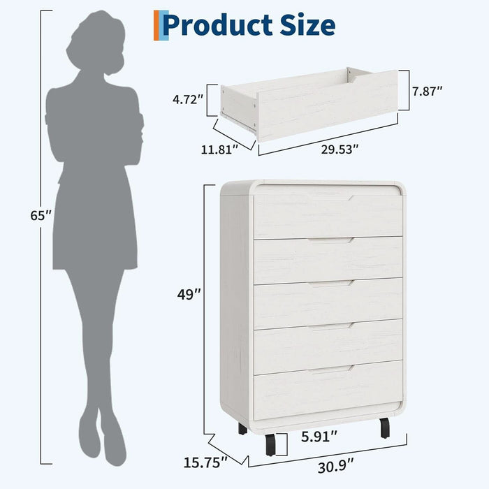 White Five Drawer Tall Wooden Contemporary Dresser