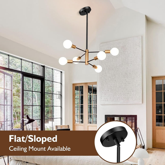 6-Light Sputnik Chandelier, Black and Gold Chandeliers Pendant Lighting, Modern Farmhouse Dinning Room Light Fixture Mid Century Brass, Height Adjustable for Living Room Bedroom Kitchen Island