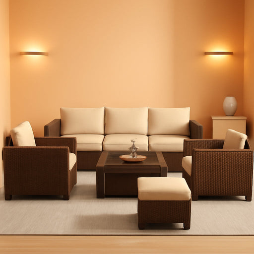 Patio Furniture Set 7 PCS Patio Conversation Sets, All-Weather PE Rattan Outdoor Sectional Sofa with Cushion and 2- Tier Glass Coffee Table（Brown/Beige）