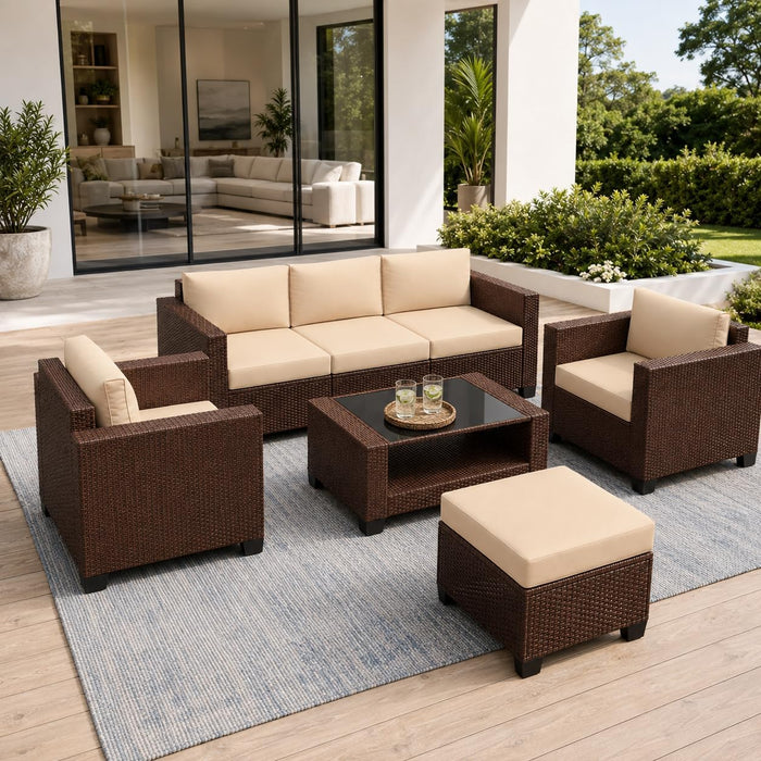 Patio Furniture Set 7 PCS Patio Conversation Sets, All-Weather PE Rattan Outdoor Sectional Sofa with Cushion and 2- Tier Glass Coffee Table（Brown/Beige）
