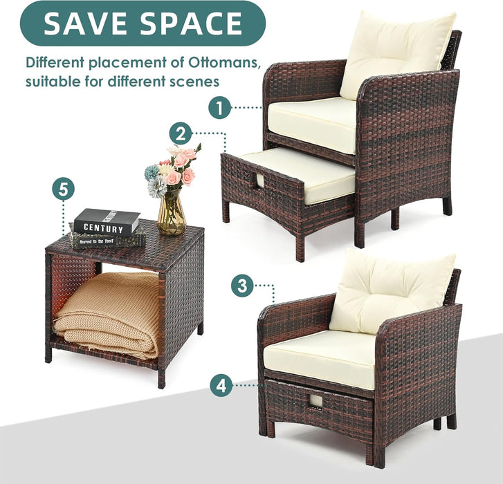 5 Pieces Patio Furniture Set, Rattan Balcony Furniture with Ottomans, PE Wicker Outdoor Patio Chairs Set with Coffee Table for Poolside, Porch, Lawn, Garden, Balcony(Beige)