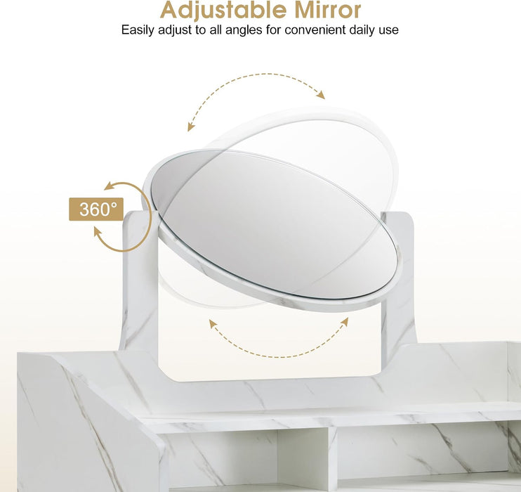 Light Luxury Dressing Table with Storage Cabinet, Modern Vanity Desk with Drawer, Home Makeup Station for Bedroom, Metal Dresser with Adjustable Mirror 3388 (White)