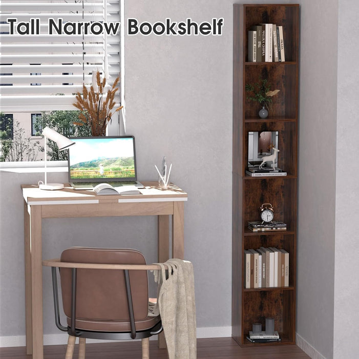 6-Tier Tall Narrow Bookshelf, 70.5" Skinny Thin Bookcase, Brown | Corner Shelf Slim Storage Cabinet,Wood DVD CD Media Cube Organizer Tower Rack for Small Spaces, Bedroom, Living Room, Office