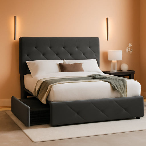 Upholstered Queen Size Platform Bed Frame with 4 Storage Drawers, Adjustable Headboard with Diamond Stitched Button Tufted Design, Wooden Slat Support, No Box Spring Needed, Dark Grey
