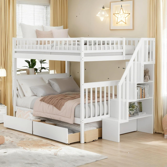 Full Over Full Bunk Bed GrayStairsWithDrawersStorageSystem