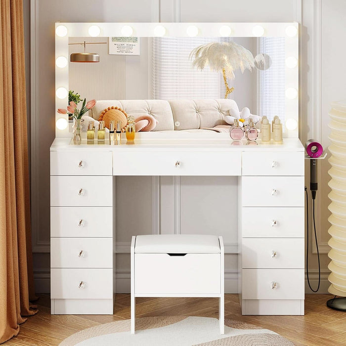 White Makeup Vanity With Illuminated Mirror Drawers