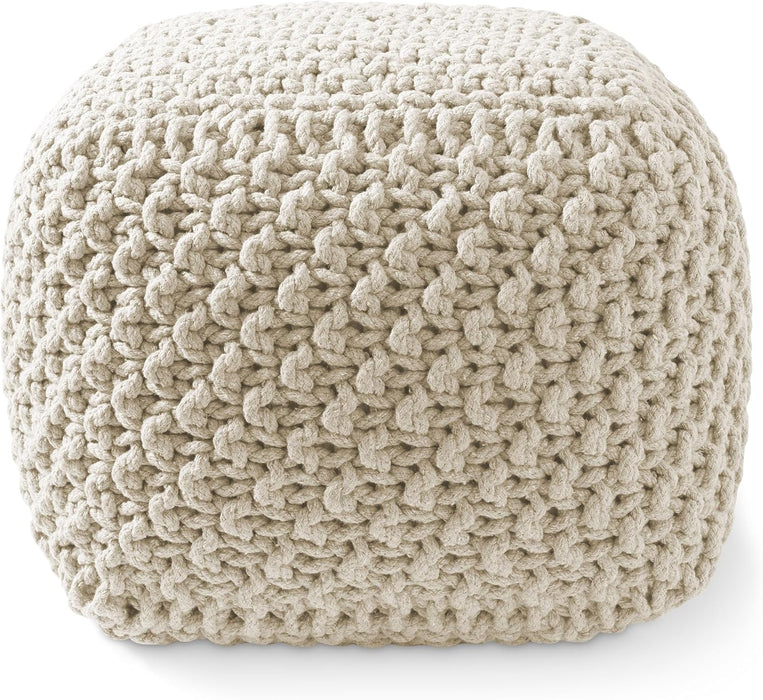 Square Pouf Ottoman, Natural - 18.5" W X 18.5" D X 14.5" H Cotton Knit Foot Stool - Boho Floor Pouffe for Living Room, Bedroom, Home Office