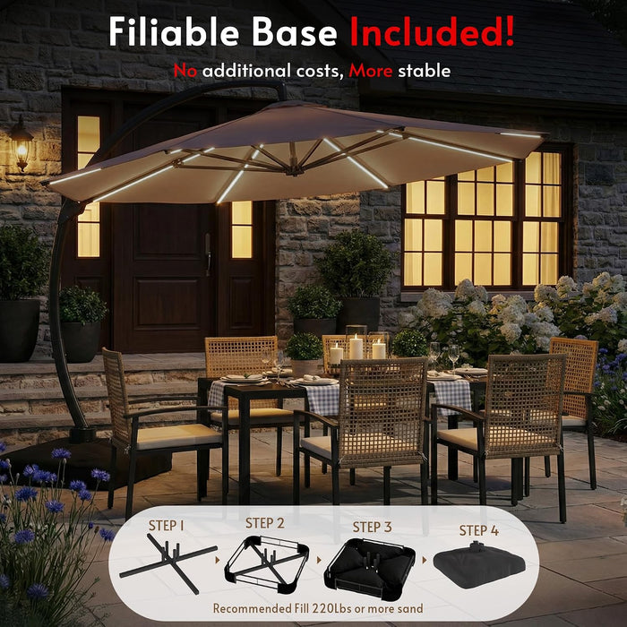 11FT Solar Powered LED Light Cantilever Patio Umbrella with Base Included, Large Cantilever Umbrella with 360°Rotation, Heavy-Duty Offset Outdoor Umbrella for Patio,Pool,Backyard (Champagne)
