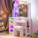 Vanity with LED Mirror, 6 Drawer Dresser with Charging Station for Bedroom, Small Makeup Vanitys Table with RGB Light, Vanity Set with Chair,Jewelry Organizer for Girls-White
