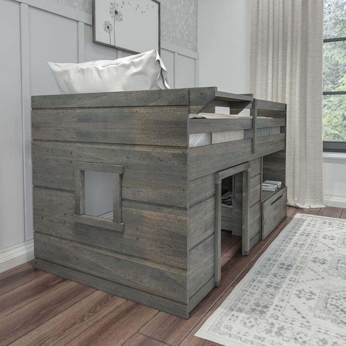 Loft Bed Twin Size, Solid Wood Low Loft Bed with Storage Drawer and Ladder, Modern Farmhouse Loft Bed for Kids, Driftwood