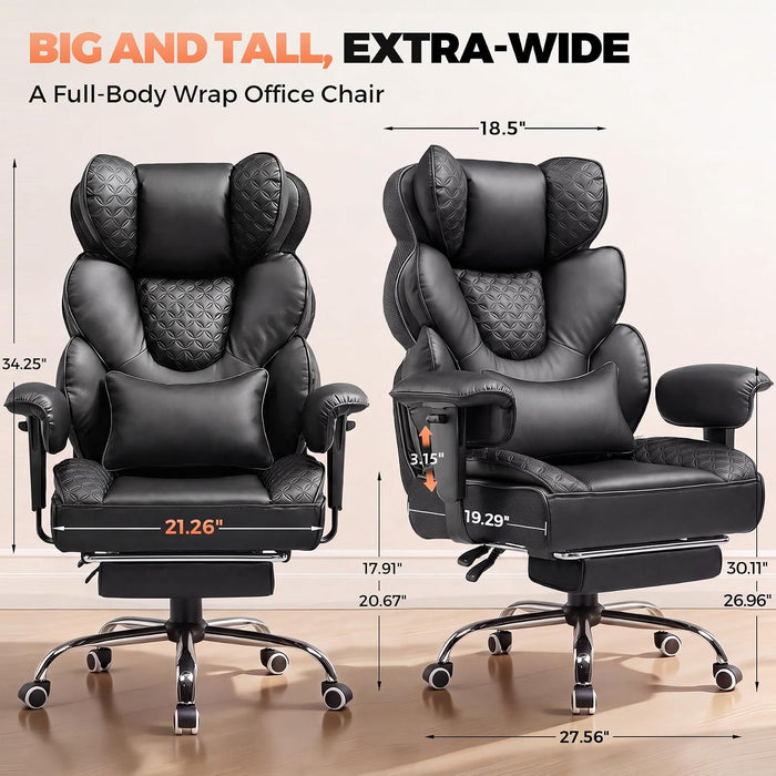 Big and Tall Office Chair with Upgrade Footrest, Heavy Duty Gaming Chair High Back Executive Chair with Spring Lumbar Support for Lower Back Pain Relief, 150°Reclining Adjustable Armrests