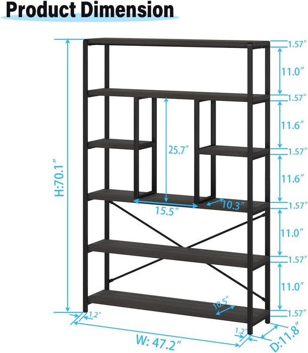 6 Tier Industrial Bookshelf for Bedroom Living Room Office, Dark Grey