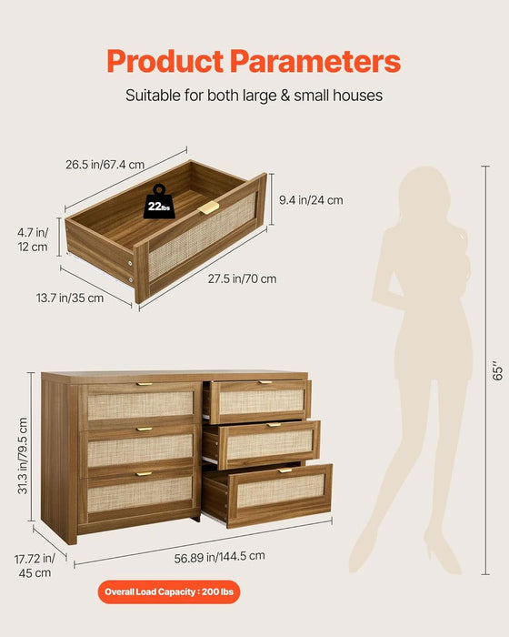 Large Boho Dresser for Bedroom, 57" Wide Rattan Dresser 6 Drawer with Ample Storage, Modern Wood Chest of Drawers Closet TV Stand Dressers for Living Room, Walnut Oak