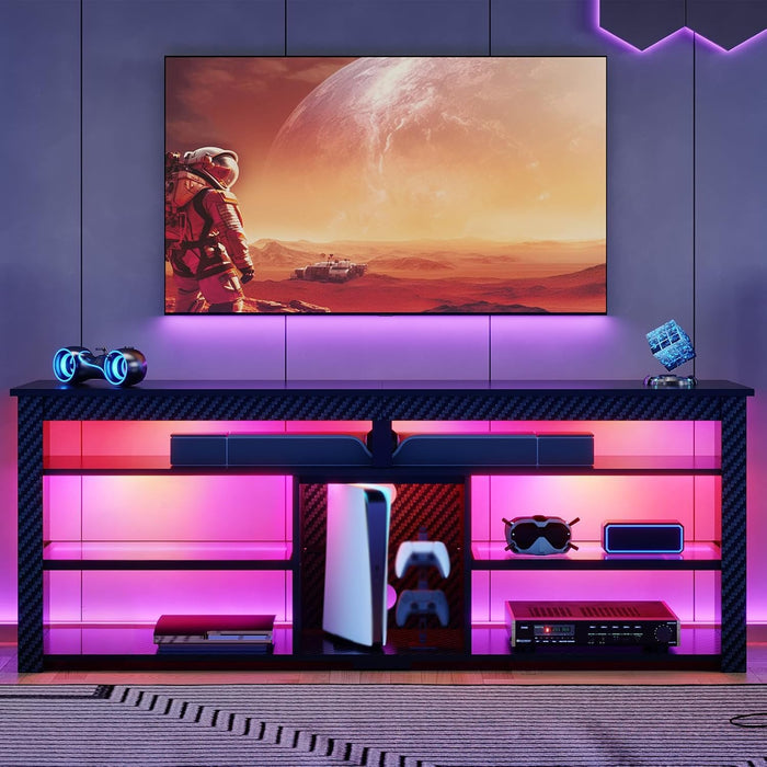 TV Stand for 70 Inch TV, Tall Entertainment Center with 2 Led Lights, Gaming TV Console with Storage for PS5, Modern TV Cabinet for Bedroom, Living Room, Black Carbon Fiber