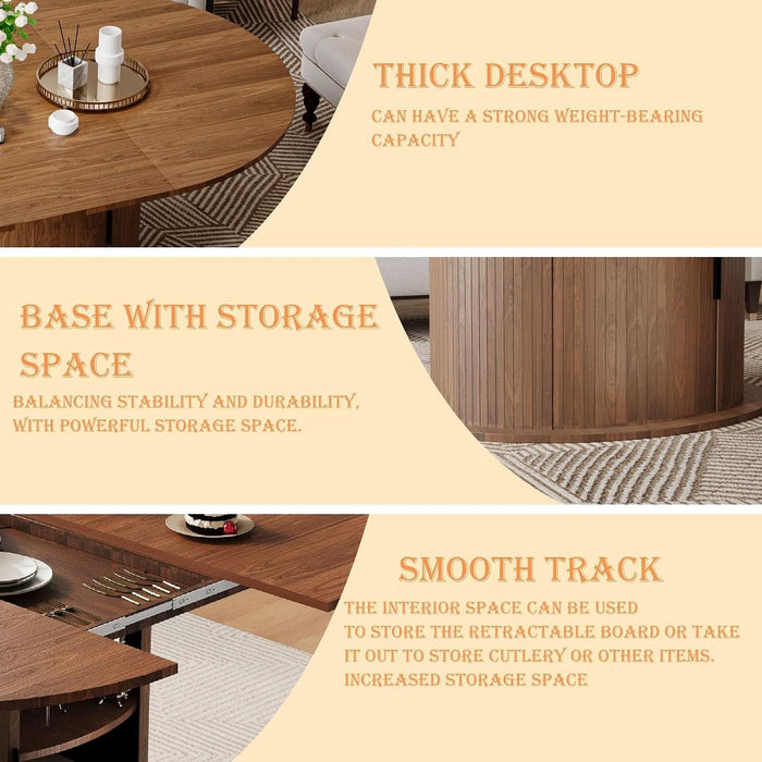 Dining Table for 4-6, 63“Extendable round Dining Room Kitchen Table with 2-Tier Storage Shelf, Fluted Wood Table with Slide Door, Expandable Wood Oval Dinner Furniture with Pedestal Base (Walnut)
