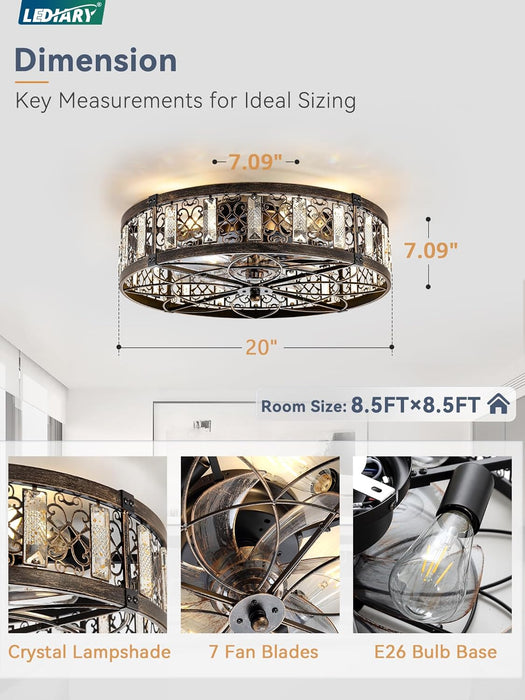 20" Caged Ceiling Fans with Lights,Flush Mount Vintage Victorian Rustic Crystal Fandelier,Low Profile Farmhouse Enclosed Ceiling Fan with Light and Remote for Bedroom,Kitchen,Indoor,Black Gold