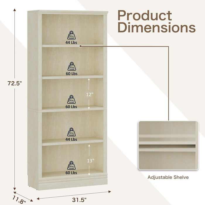 5-Tier Standard Bookshelf, Adjustable Shelves, 72.5"