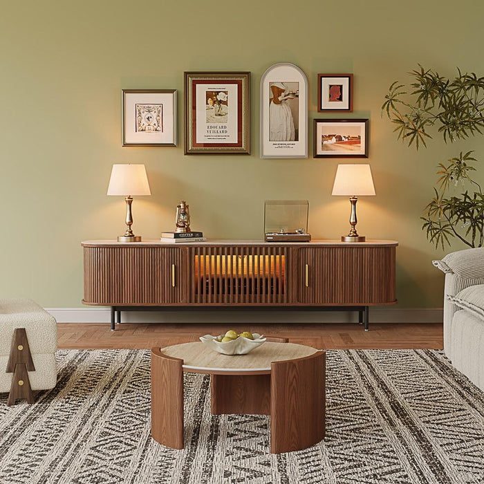 Fully-Assembled Mid Century Modern Black TV Stand with White Matte Travertine Stone Tabletop & LED Lights, Rolling Door Media Console, Wood TV Console for Living Room