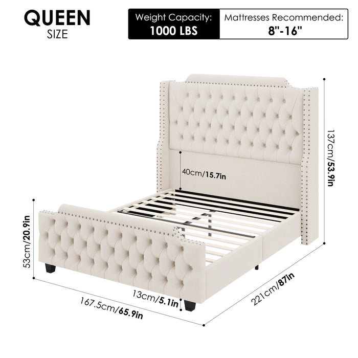 54" Tall Headboard Bed Frame with Wingback, Queen Size Bed with Tall Headboard, Velvet Deep Button Tufted Tall Upholstered Bed with Footboard, Off-White