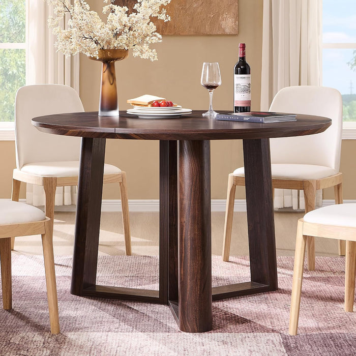 47" round Dining Room Table for 4-6 with Wooden Pedestal, Dark Walnut | Dinner Tables, Triangular Structure Wooden Pedestal Stable Base, Curved Table Edge, Circle Kitchen Tables for Dining Room