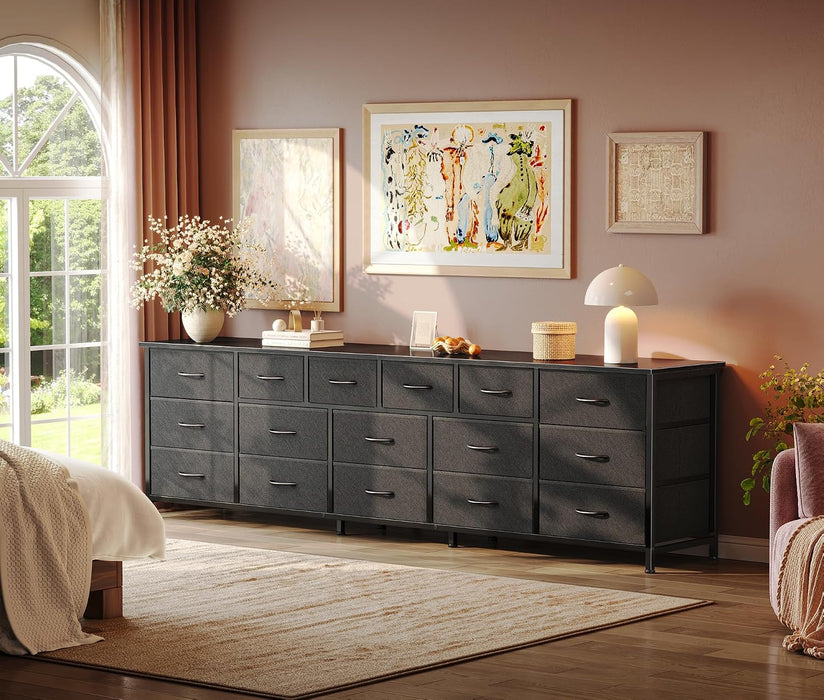 77.6" Long Dresser for Bedroom, 16 Drawer Fabric Dresser for Closet, Wide Chest of Drawers with Storage, TV Stand for 65, 75, 85 Inch TV, 77.6" W X 13" D X 26.4" H, Black