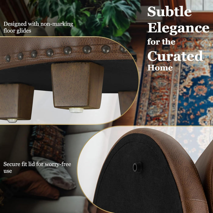 Home Decor | Upholstered round Storage Ottoman with Nailheads| Ottoman with Storage for Living Room & Bedroom, Brown Faux Leather