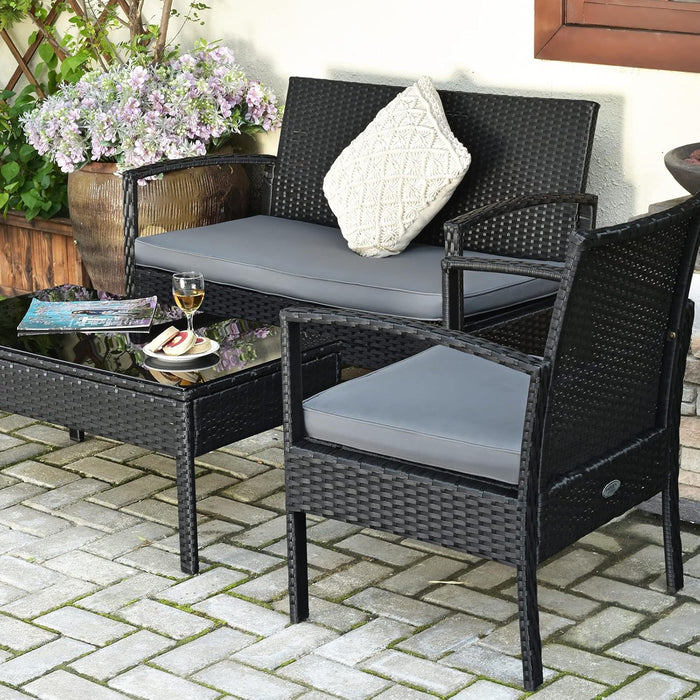 4PCS Patio Rattan Furniture Set, Outdoor Wicker Conversation Set with Tempered Glass Coffee Table, Seat Cushions, Ideal for Poolside Balcony Porch Backyard