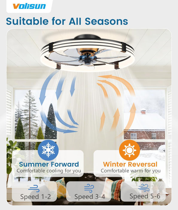 Low Profile Ceiling Fans with Lights and Remote, 24In Flush Mount Ceiling Fan with Light, 3000K-6500K Dimmable Fandelier LED Fan Light, Black Bladeless Ceiling Fans with Lights for Bedroom