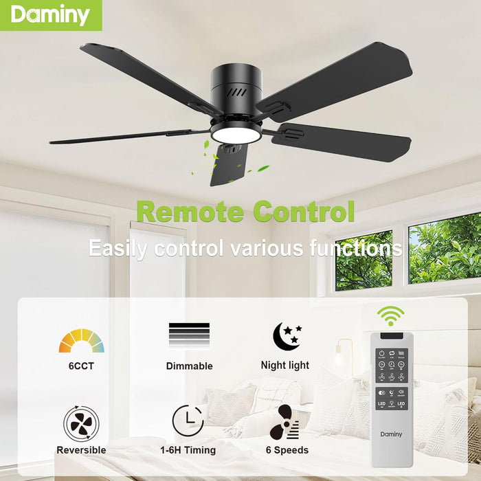 52 Inch 5 Blades Black Ceiling Fans with Lights,Flush Mount,6Cct, Low Profile Ceiling Fan with Light and Remote Control,Dc Motor,Ceiling Fan for Bedroom, Kitchen,Living Room,Indoor/Outdoor Use
