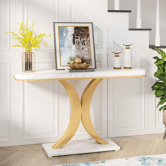 Modern Gold Console Table, 40 Inch Narrow Entryway Foyer Table with Geometric Base, Rustic Hallway Accent Table for Living Room, Entrance, White and Gold