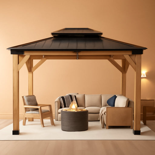 10X12 FT Cedar Wood Gazebo,Hardtop Wooden Gazebo with 4.6In Thickened Posts&High Load-Bearing Galvanized Steel Roof for Outdoor, Patio, Backyard-Natural
