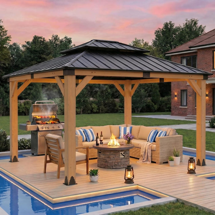 10X12 FT Cedar Wood Gazebo,Hardtop Wooden Gazebo with 4.6In Thickened Posts&High Load-Bearing Galvanized Steel Roof for Outdoor, Patio, Backyard-Natural