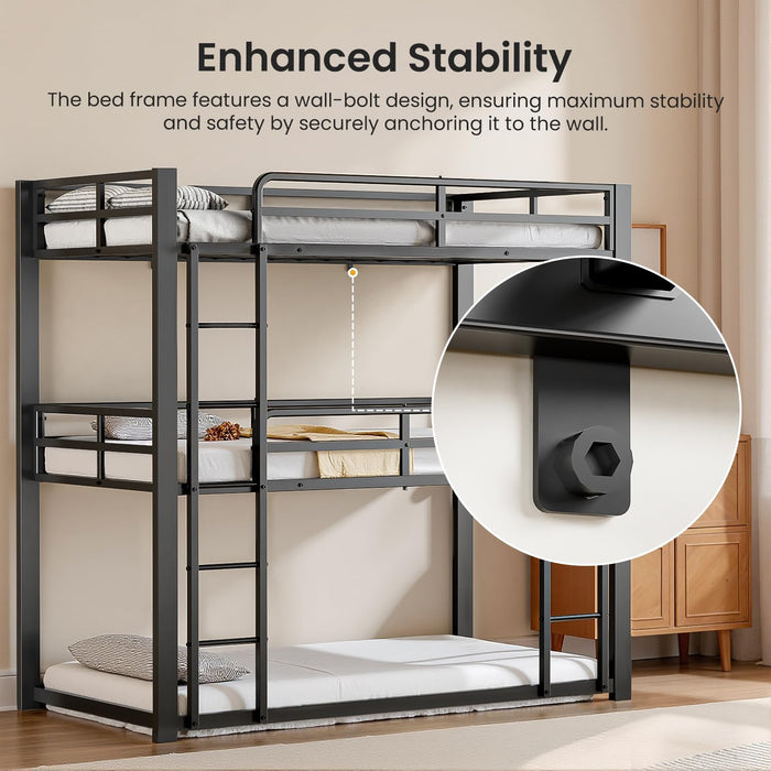 Triple Bunk Bed Twin Over Twin SpaceSavingBlackCoatedFinish