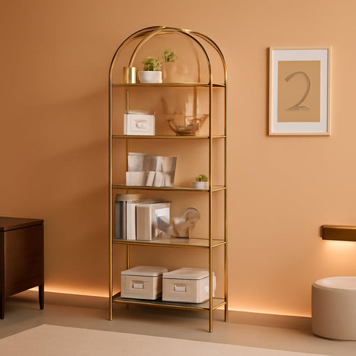 Goldtone StainlessSteel TemperedGlass SixTier Bookshelf