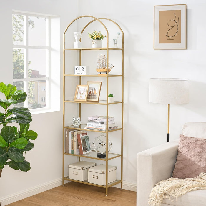 Goldtone StainlessSteel TemperedGlass SixTier Bookshelf