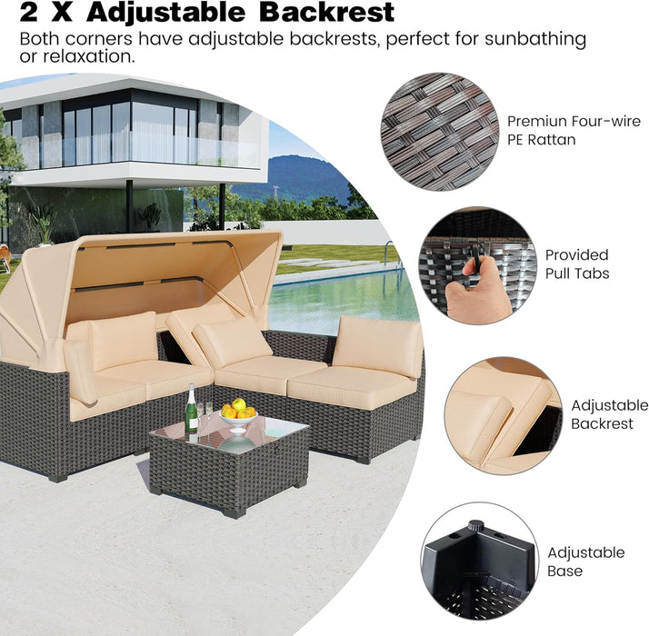 Outdoor Daybed with Canopy,6 Pieces Patio Furniture Sets Adjustable Backrest PE Gradient Wicker Sectional Furniture Set with Tempered Glass Side Table