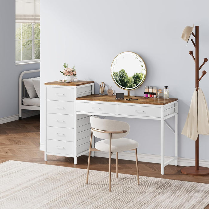 Vanity Desk with 7 Drawers, 55 Inch Makeup Vanity Table with Reversible Drawer for Women, Girls, White and Brown (Without Mirror)