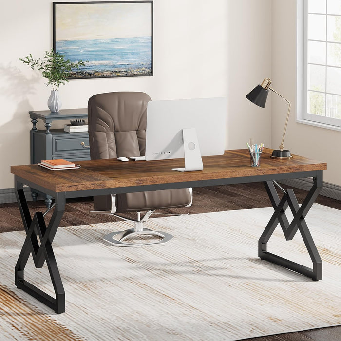 63" Large Industrial Executive Desk with Extra Thickened Tabletop & Metal Frame, Heavy-Duty 300 Lb Capacity Home Office Desk for Study Room, Dorm, Bedroom – Vintage Brown & Black