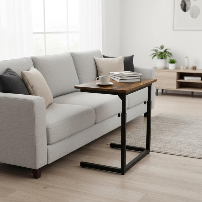Height Adjustable C-Shaped Sofa Side Table, Laptop Table for Couch & Bed, Rustic Brown