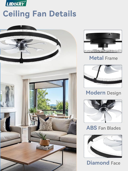 Ceiling Fans with Lights and Remote, 20'' Low Profile Ceiling Fan with Light, 3000-6000K Dimmable Fandelier Ceiling Fans, Modern Flush Mount Fan Light for Bedroom with 6 Wind Speeds- Black