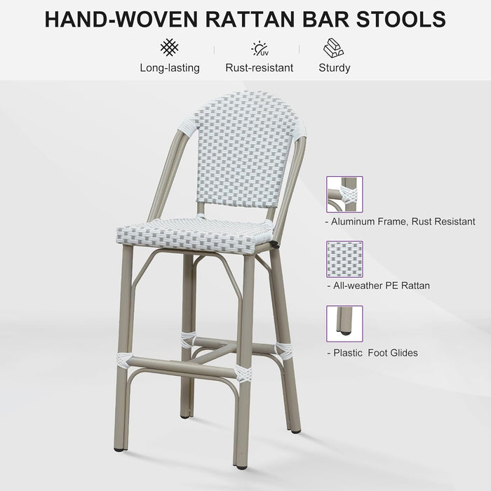 French Bar Stools Set of 2 Champagne Print Finish Outdoor Bar Stools with Back Rattan 27'' Patio Bar Stool for Pool Garden Kitchen Outdoor Barstool, White&Grey