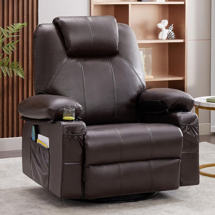 Oversized Swivel Rocker Recliner Chair with Heat and Massage, 360 Degree Swivel Rocking Single Sofa with Cup Holders and USB Port, Big Large Recliner Chair for Living Room (Leather, Brown)