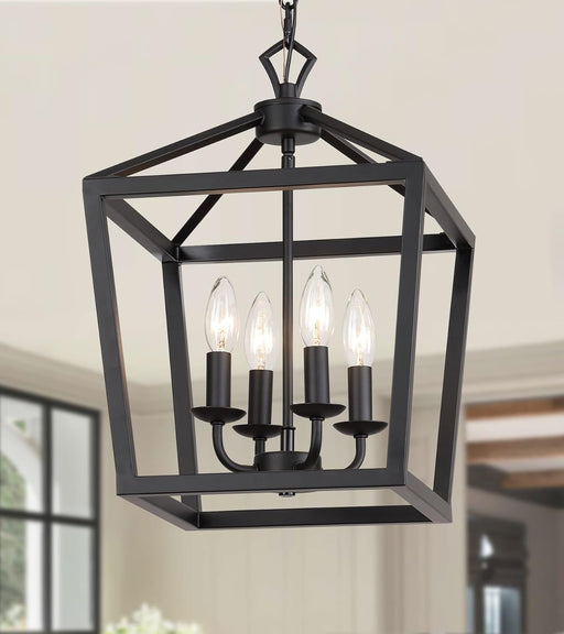 Farmhouse Rustic Black Lantern Chandelier Hanging Light Fixture 4-Lights for Kitchen Island Dining Room Hallway Entryway Foyer UL Listed