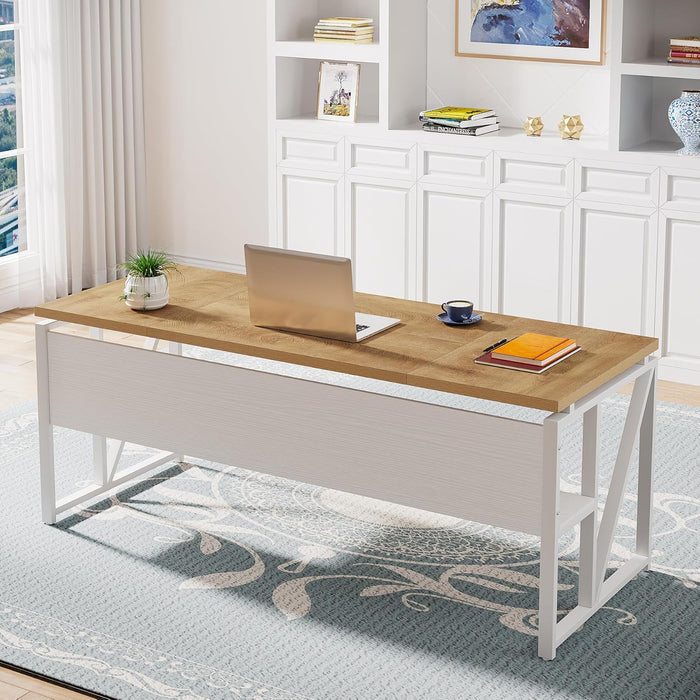 63 Inches Computer Desk with Bottom Storage Shelf Home Office Desk Writing Table for Workstation, Dark Walnut + Steel Leg, Cabinet Not Included (Light Oak, 63-Inch-With Shelf)