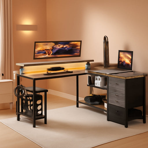 61" L Shaped Desk with Drawer, Computer Desk with Power Outlets & LED Lights, Reversible Corner Gaming Desk for Home Office Workstation, Office Desk with Monitor Shelf, Gray