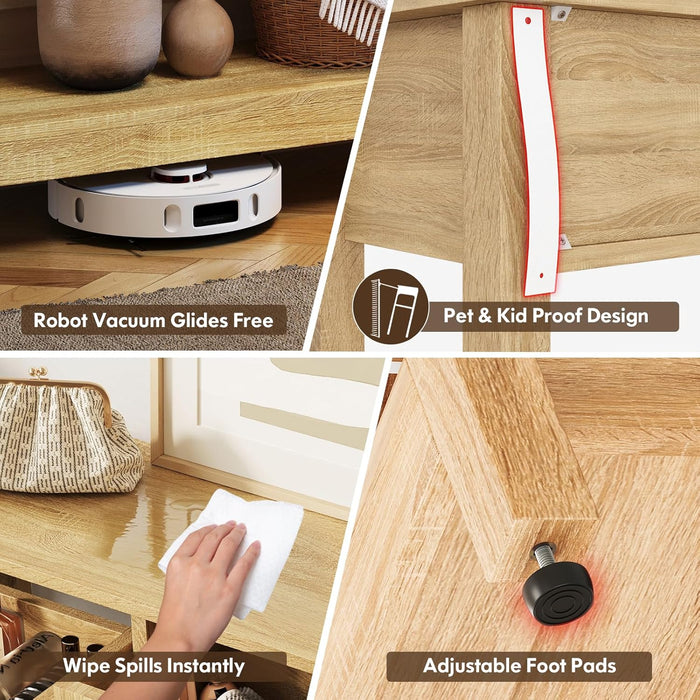 Rattan Entryway Table with 4-Port Charging Station (2 AC Outlets + USB/USB-C), 3 Drawers Storage & Open Shelf, behind Couch Console Sofa Table for Hallway, Foyer - Natural Weave & Oak, 47 Inch