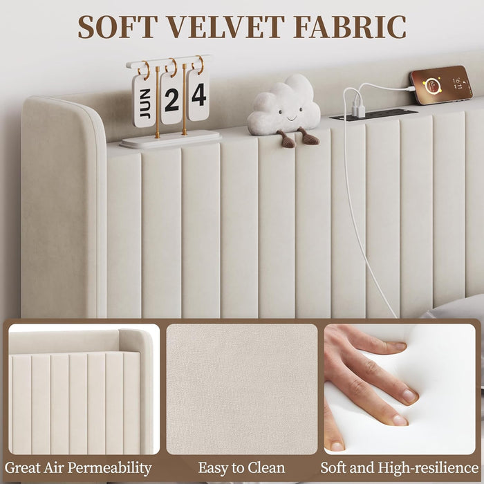 Queen Bed Frame with USB Charging Station and Storage Shelf/Upholstered Headboard Platform Bed with Wing Side/Wooden Slats Support/Noise Free/No Box Spring Needed/Easy Assembly, Cool Beige