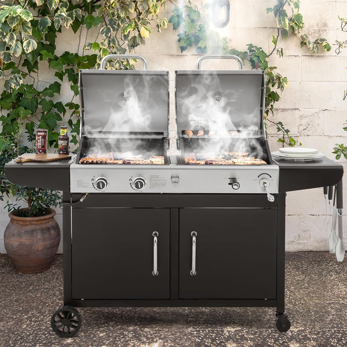 ZH3002N Propane Gas and Charcoal Grill Combo, Dual Fuel BBQ Grill with 2 Side Shelves for Outdoor Patio Garden Backyard Barbecue, 20,000 Btus, Silver & Black