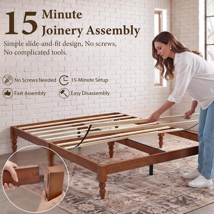12" Japanese Joinery Solid Wood Queen Bed Frame with Turned Legs