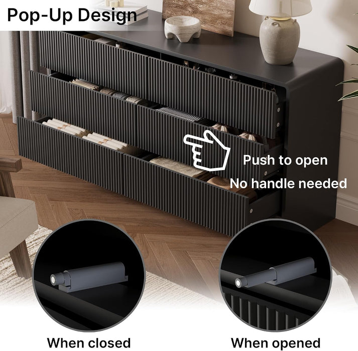 55" Wide Modern Curved 6 Drawer Dresser，Black